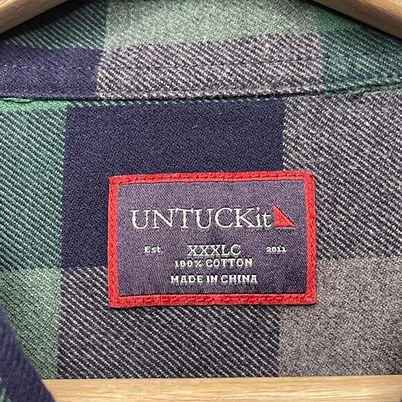 Untuckit Green Navy Buffalo Plaid Flannel Shirt XXXL Tall Casual Style - Picture 2 of 7